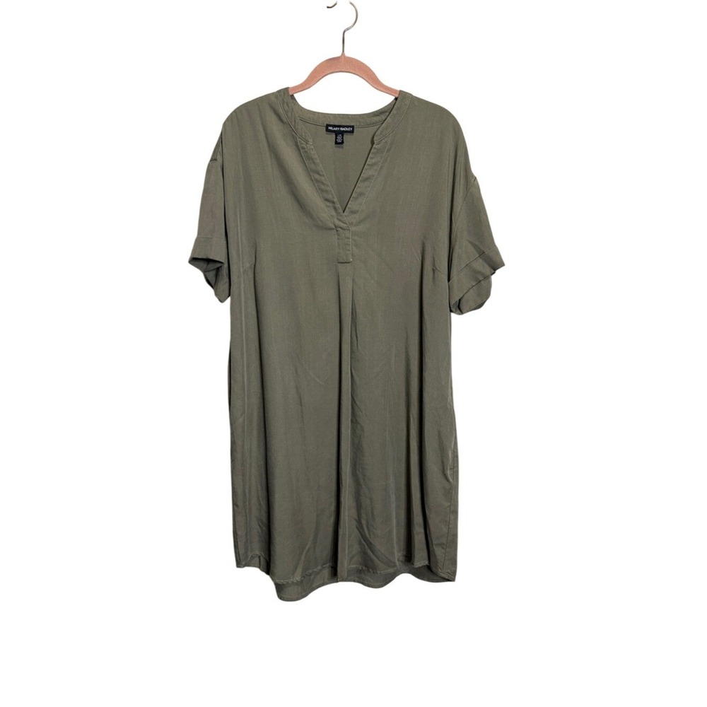 Hilary Radley Olive Green Shift Dress Short Sleeve V-Neck Pockets Large